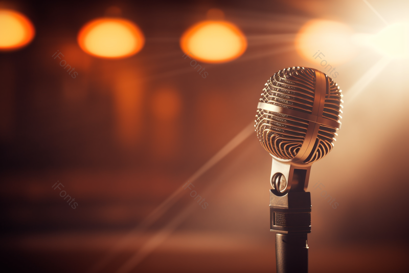 闪耀金色光芒的黑色的话筒在明亮干净的舞台中央,高清,摄影图,摄影图片,图片大全,摄影图免费下载